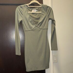 Princess Polly Olive Green Ribbed V-Neck Long Sleeve Bodycon Dress